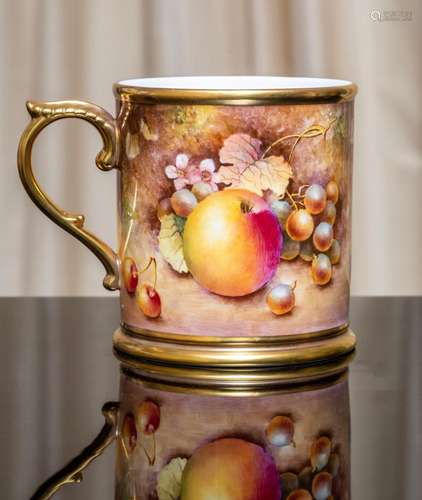 A Royal Worcester peach and fruit-painted gilded tankard by ...