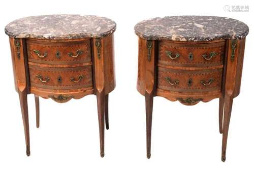 A pair of Louis XV style marble topped kidney-shaped petit c...