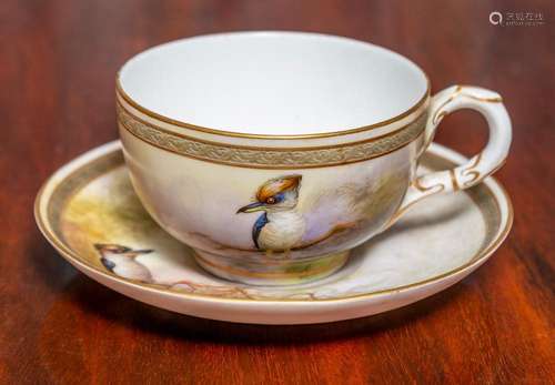 A rare Royal Worcester Australian subject painted cup and sa...