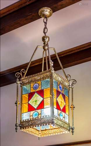 A brass framed stained-glass square ceiling lantern,French 1...