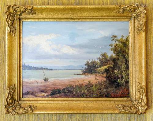 A Albis, Lakeside view with a boat on a beach,, Oil on board...