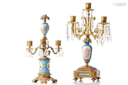 A Louis XVI style porcelain mounted gilt metal three-sconce ...