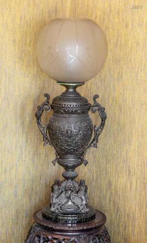 A large and impressive Victorian bronze and etched glass oil...