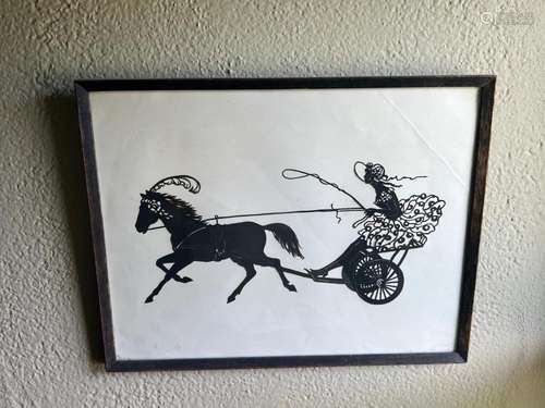 A cut-paper silhouette picture of a horse-drawn cart and you...