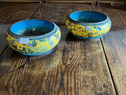 A pair of Chinese yellow ground cloisonné bowlsand a modern ...