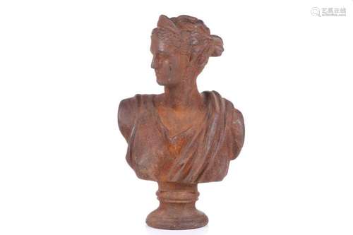 A classical cast iron bust study of Diana the Huntress on a ...