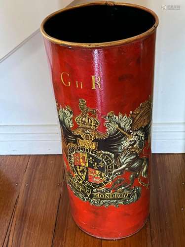 A red-tole umbrella stand, GR and Royal Coat of ArmsLabelled...