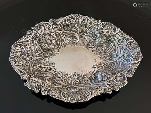 A sterling-silver floral and leaf embossed oval dish, London...