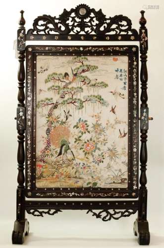 Chinese Silk Embroidery, Shell Inlay Wood Screen