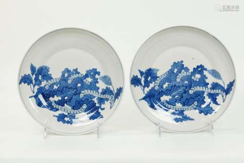 Pr Chinese Silk Worm Blue & White Porcelain Plates