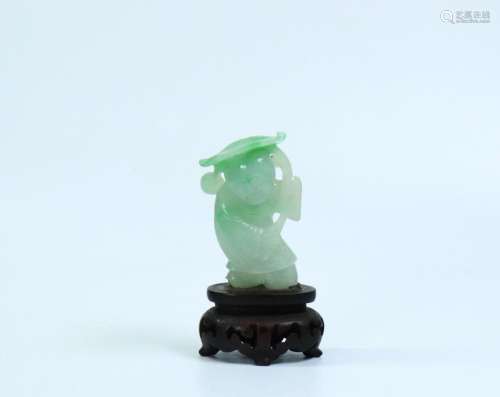 Chinese Translucent Green Jadeite Boy & Lotus Leaf