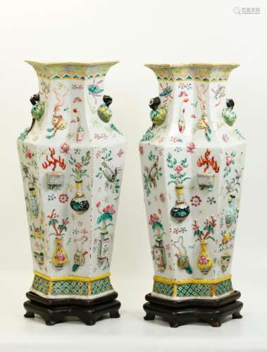 Pr Chinese 19th C Double Lozenge Porcelain Vases
