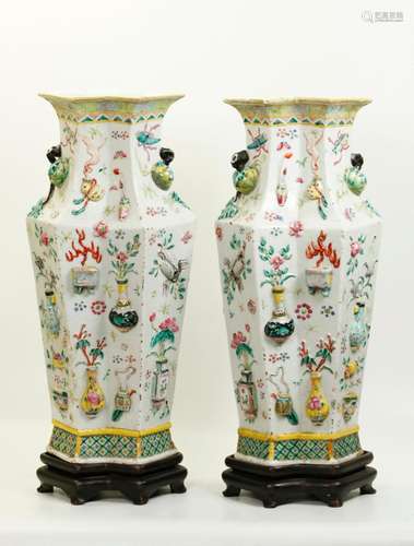 Pr Chinese 19th C Double Lozenge Porcelain Vases