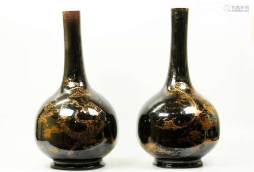 Pr Chinese 18/19 C Black & Gold Porcelain Vases