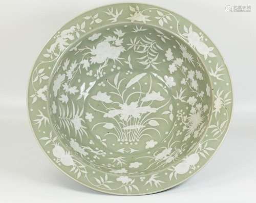 Lg Chinese 19 C White Slip Celadon Porcelain Bowl