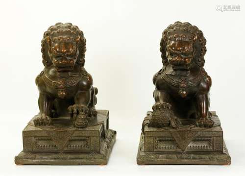 Pair Chinese Cast Bronze Fu Lions on Stands