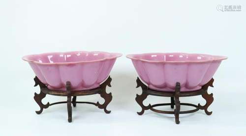 Pair Chinese Peking Glass Ruby-Pink Bowls & Stands