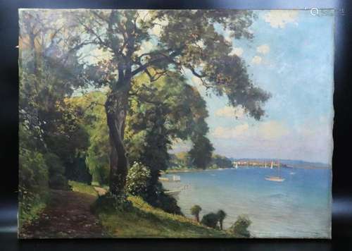 Oil on Canvas American Harbor Scene Signed