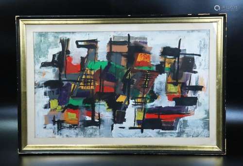 American Abstract Gouache on Board, Framed