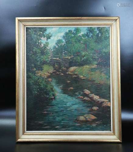 Dordero; Oil on Canvas Bridge over Stream