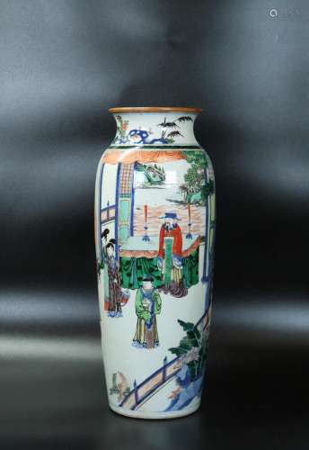 Lg Chinese Wucai Enamel & Blue Porcelain Vase