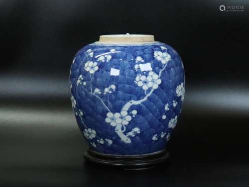Chinese 19 C White Prunus Blue Ice Porcelain Jar