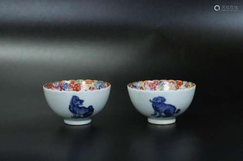 Pr Chinese Mille Fleur & Blue Porcelain Small Cups