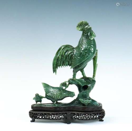 Chinese Qing Rooster Family Green Jade Carving