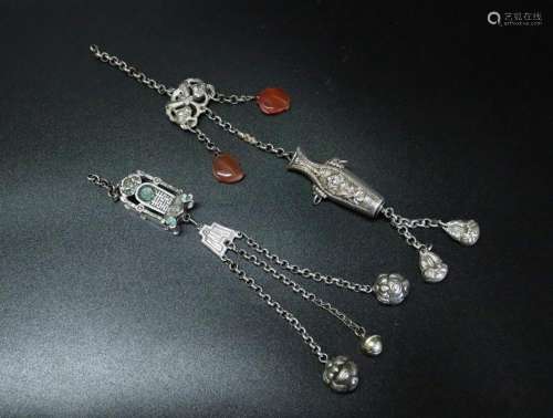 2 Chinese Silver Chain & Rattle Pendants