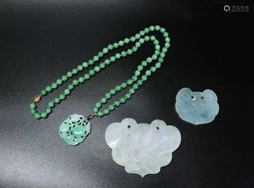 2 Chinese Jadeite Lock Pendants & Necklace