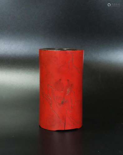 Chinese Red Lacquer on Bamboo Bitong Brush Pot