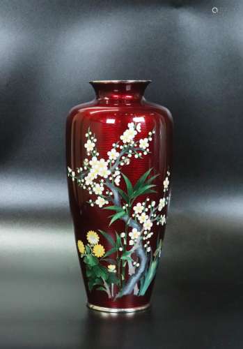 Japanese Ando Jubei Mark Red Cloisonne Vase