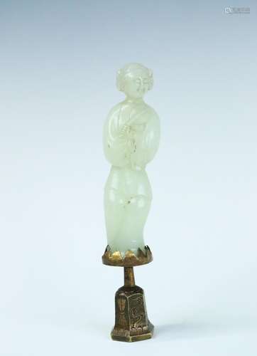 Chinese White Jade Beautiful Lady & Fan Figure