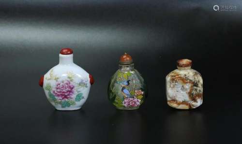 3 Chinese Snuff Bottles Stone Glass Porcelain