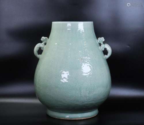 Lg Chinese 19 C Carved Longquan Porcelain Hu Vase