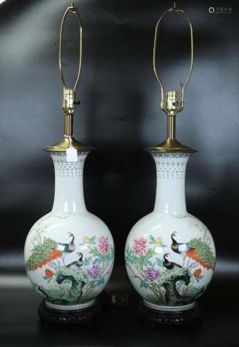 Pair Chinese Porcelain Peacock & Peony Vases