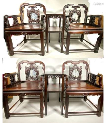 4 Chinese Marble & Hard Wood Arm Chairs; 2 Tables