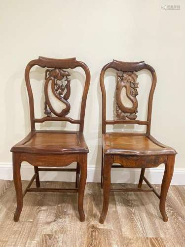 2 Chinese Hard Wood Side Chairs Marble Insets