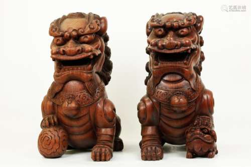 Pair Chinese Carved Hard Wood Fu Lions