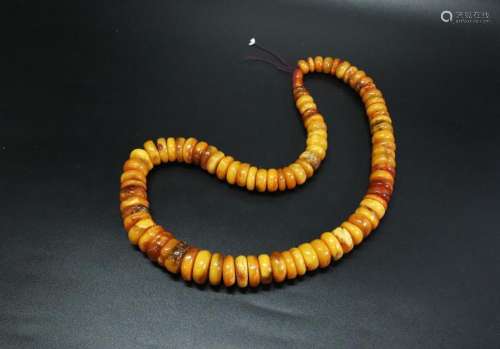 Chinese Butterscotch Amber Flat Bead Necklace 99G
