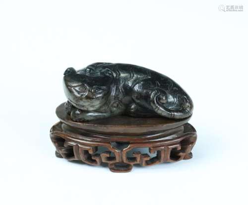 Chinese Qing Black Jade Horned Tiger Toggle