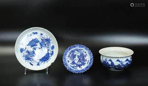 3 Chinese Blue & White Porcelains; 2 Plates, 1Bowl