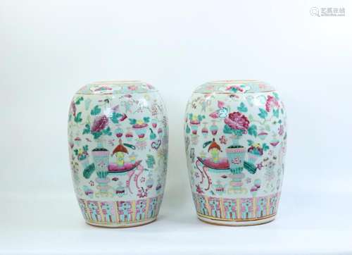 Pair Chinese 19 C Famille Rose Porcelain Tall Jars