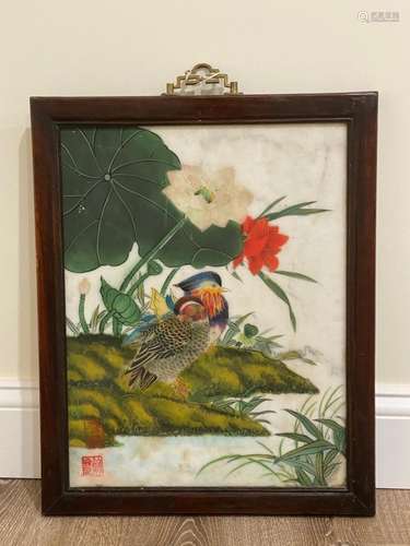 Chinese White Marble Painting Mandarin Ducks Lotus