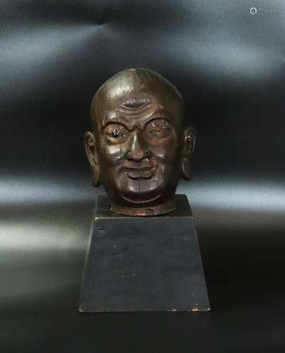 Chinese Qing Dynasty Carved Wood Lohan Head