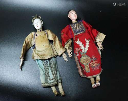 2 Rare Chinese Qing Mandarin Lady & Man Dolls