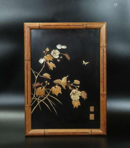 Japanese 19th C Black Lacquer Inlaid Panel