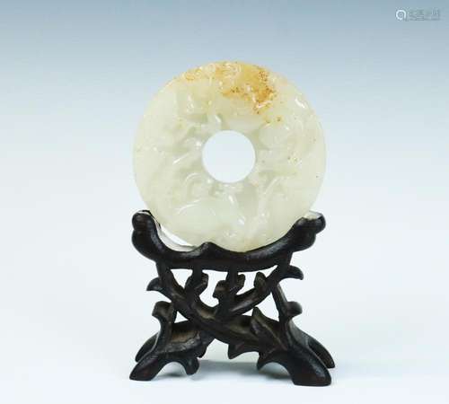 Chinese White Jade Bi Pendant on Stand