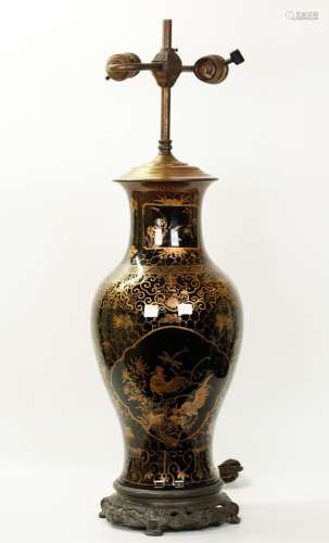 Chinese Mirror Black & Gold Porcelain Vase