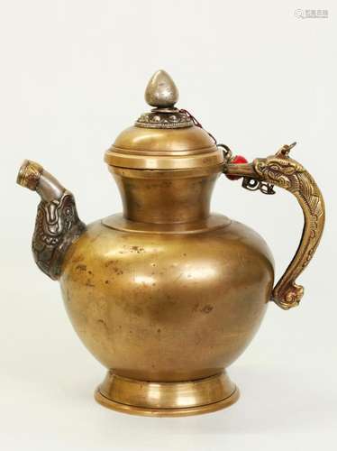 Tibetan Bronze Covered Ewer, Dragon Handle & Spout